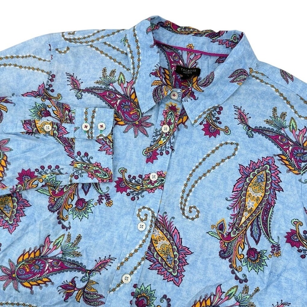 Talbots Womens 2Xp Button Down Shirt Blue Paisley Cotton Long Sleeve Blouse Top